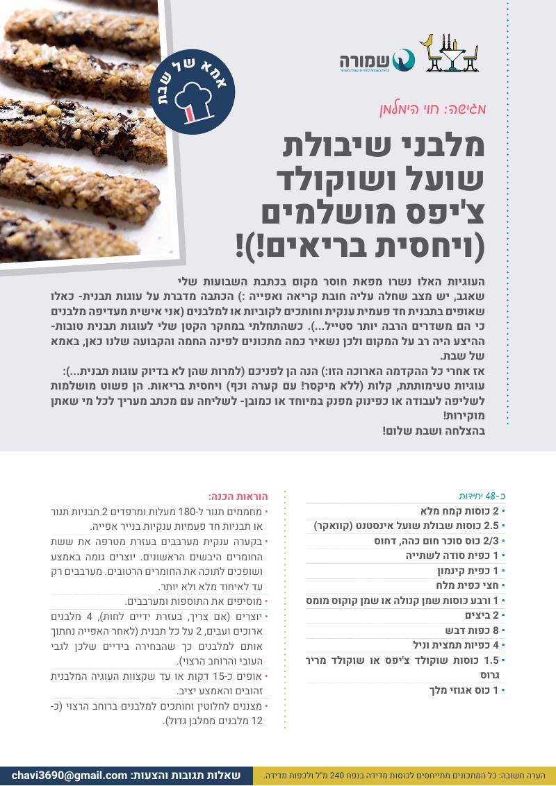 מלבני שיבולת שועל ושוקולד צ'יפס